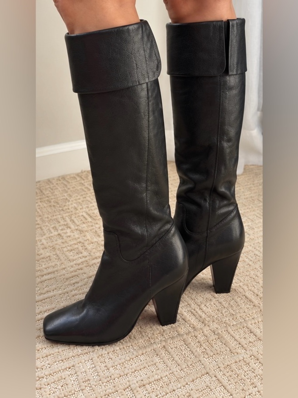 Via Spiga Black Fold-Over Leather Knee Boots